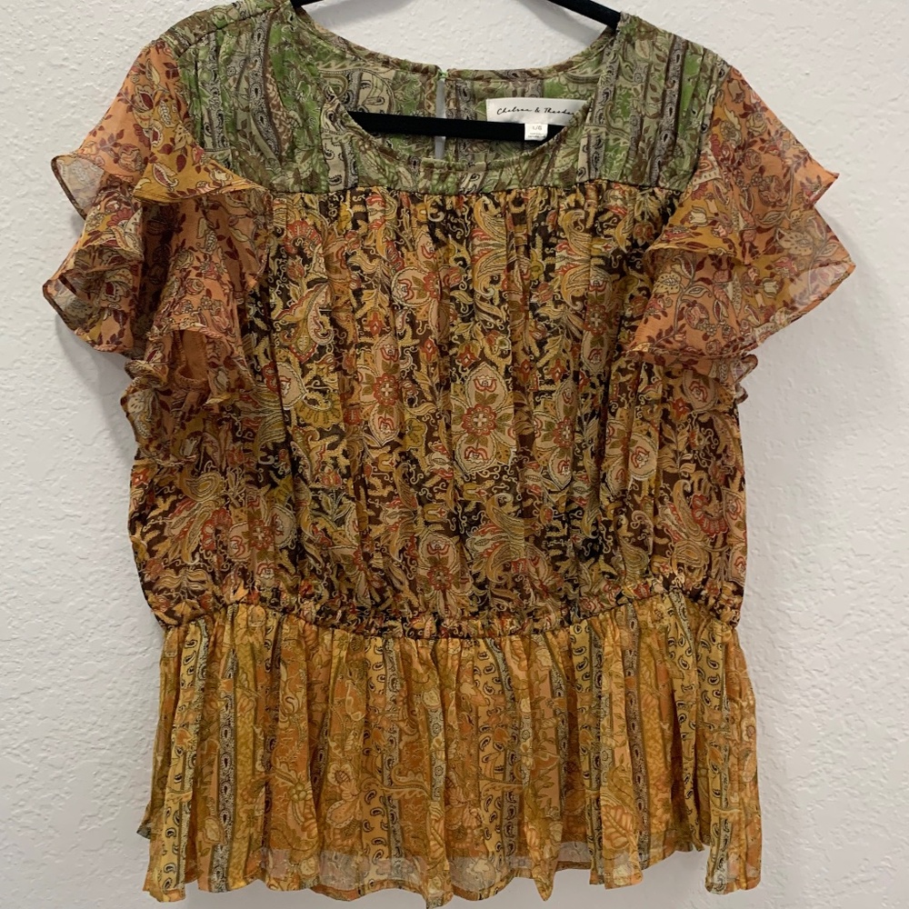 Chelsea & Theodore Multicolor Paisley Ruffle Sleeve Blouse